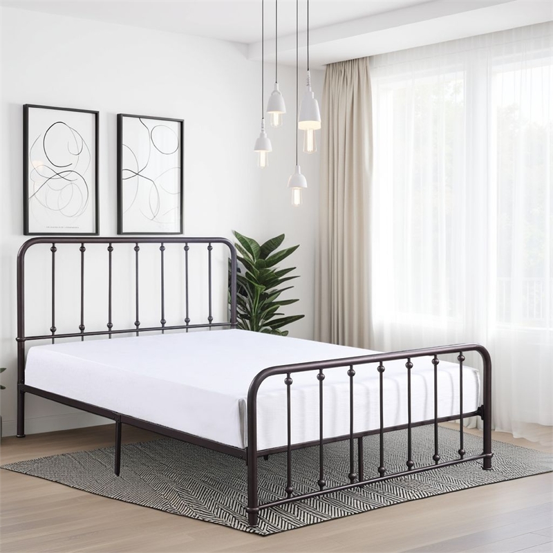 Pemberly Row Twin Size Metal Bed with Ball Accents on Vertical Slats Bronze