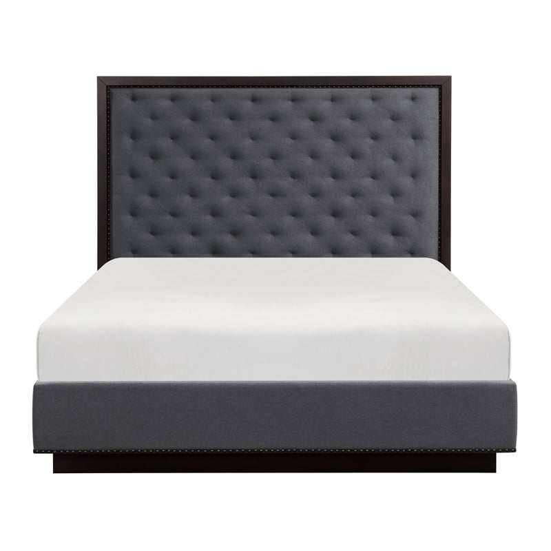 Pemberly Row Queen Size Bed with Button Tufted Headboard in Gray Ash Veneer