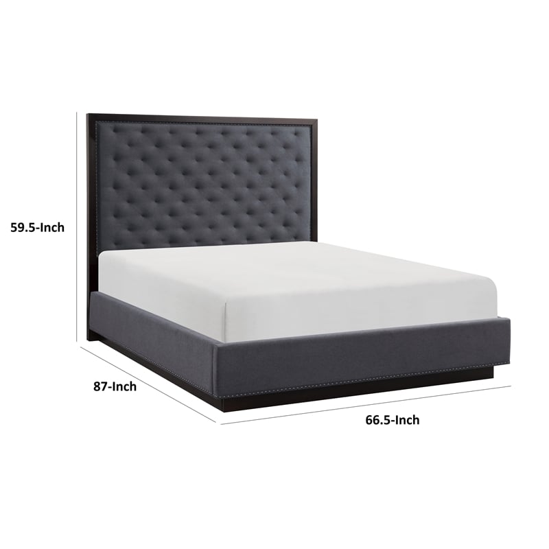 Pemberly Row Queen Size Bed with Button Tufted Headboard in Gray Ash Veneer