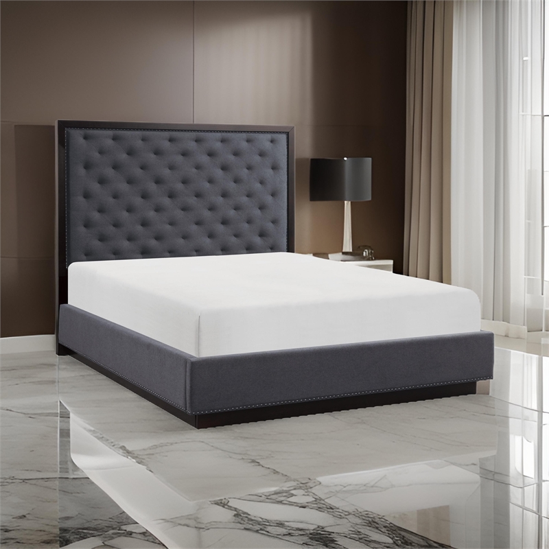 Pemberly Row Queen Size Bed with Button Tufted Headboard in Gray Ash Veneer