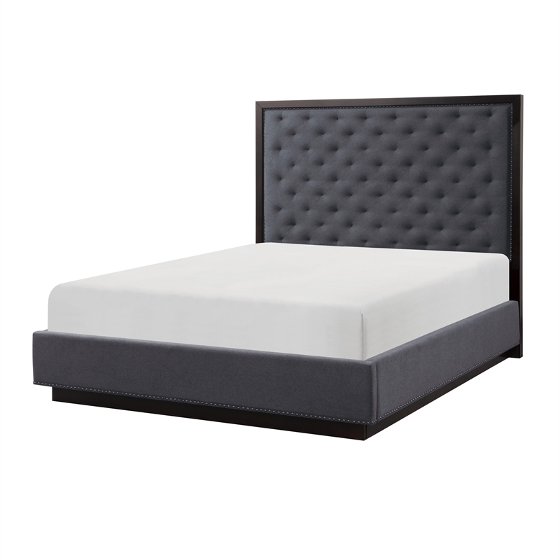 Pemberly Row Queen Size Bed with Button Tufted Headboard in Gray Ash Veneer
