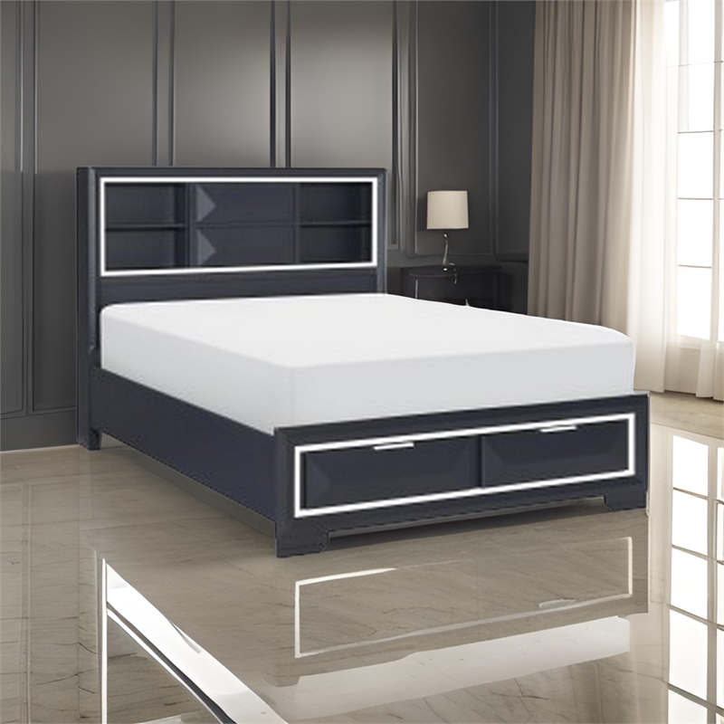 Pemberly Row Queen Bed with 2 Storage Drawers and Bookcase Midnight Blue