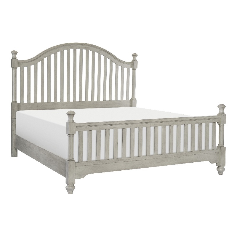 Pemberly Row Queen Bed with Slatted Arched Headboard and Finial Accents Gray