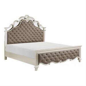 Pemberly Row Queen Bed Button Tufted Vegan Faux Leather in Champagne Silver