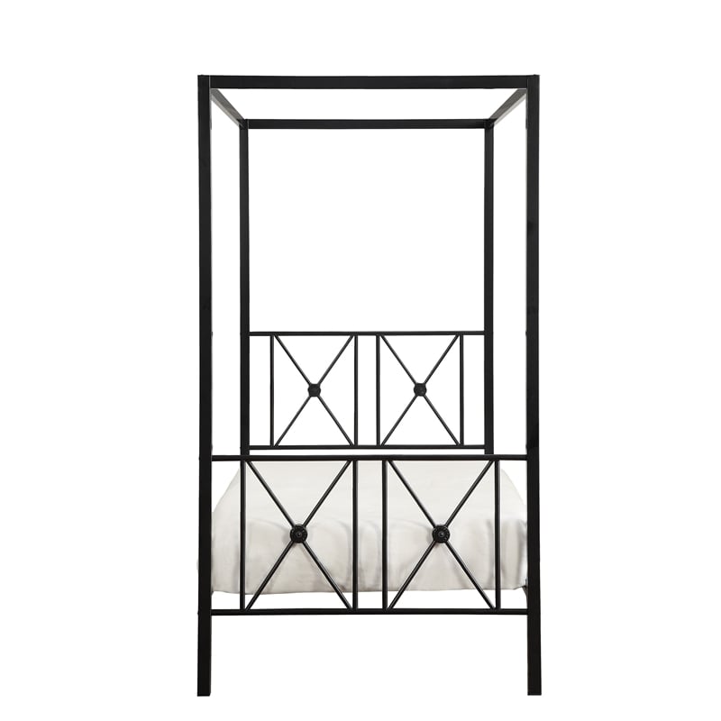 Pemberly Row Metal Canopy Bed Twin Size Square Posts Platform Base in Black