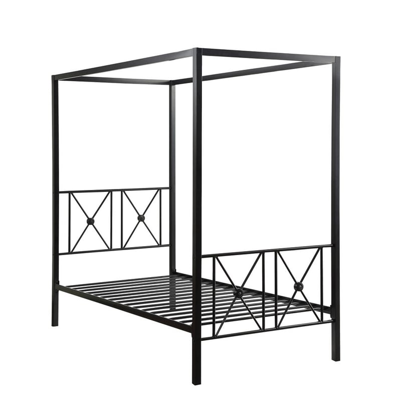 Pemberly Row Metal Canopy Bed Twin Size Square Posts Platform Base in Black