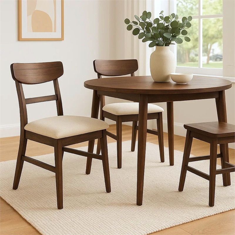 Pemberly Row Dining Chair Set of 2 Curved Back Beige Seat in Dark Brown