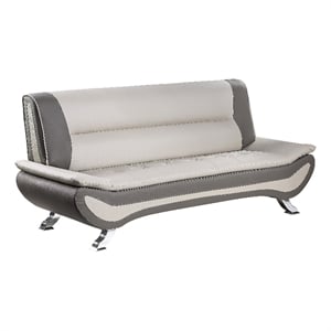 Pemberly Row 78 Inch Sofa in Beige Gray Faux Leather Metal Legs Wood Frame