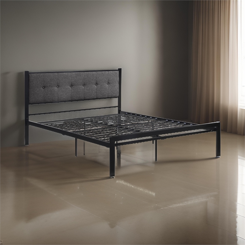 Pemberly Row Queen Platform Bed Polyester Upholstered Tufted Headboard Metal