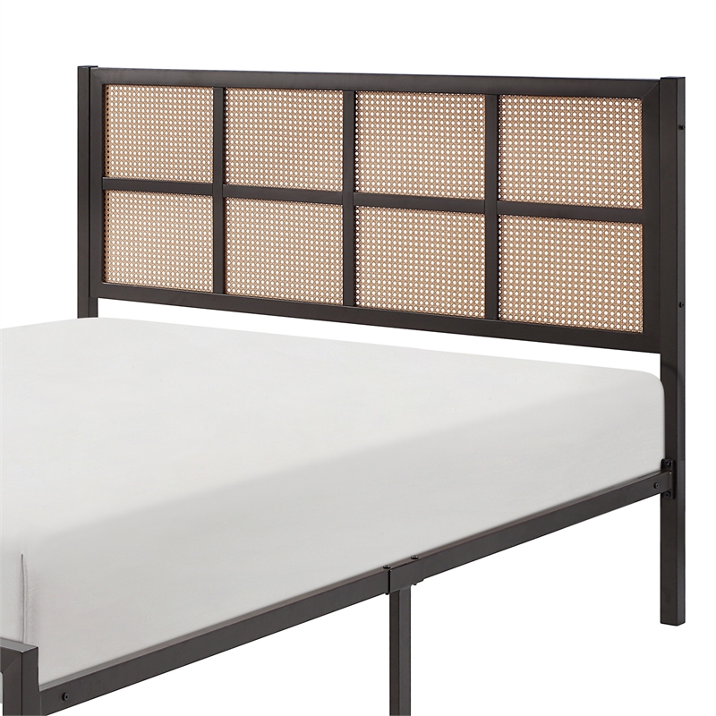 Pemberly Row Full Platform Metal Bed Brown Faux Cane Panel Headboard Bronze