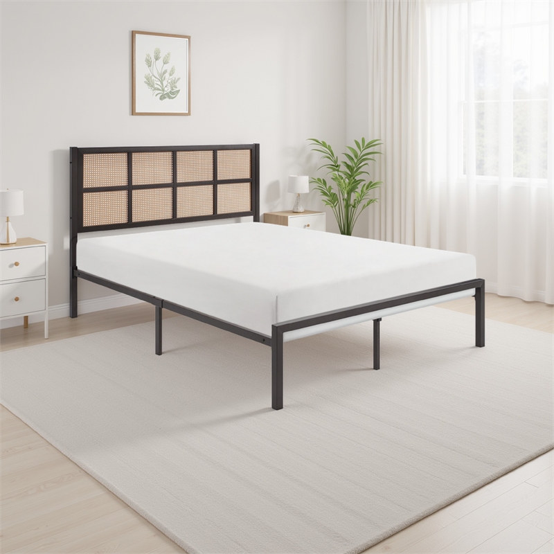 Pemberly Row Full Platform Metal Bed Brown Faux Cane Panel Headboard Bronze