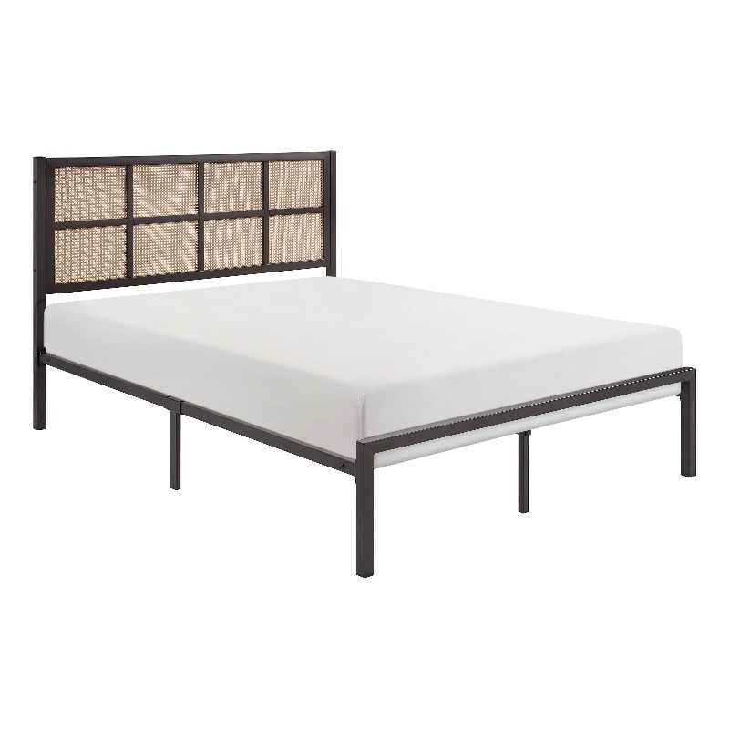Pemberly Row Full Platform Metal Bed Brown Faux Cane Panel Headboard Bronze
