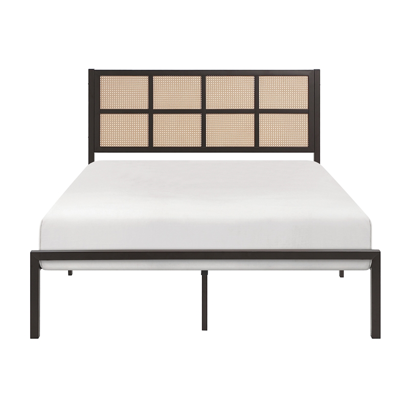 Pemberly Row Full Platform Metal Bed Brown Faux Cane Panel Headboard Bronze