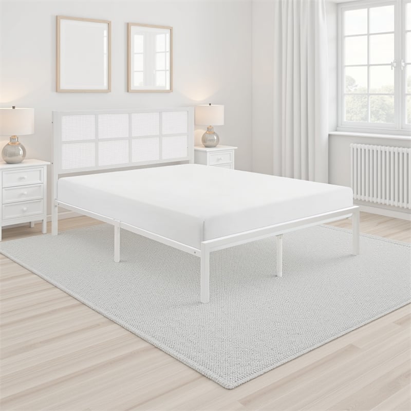 Pemberly Row King Platform Metal Bed White Faux Cane Panel Headboard