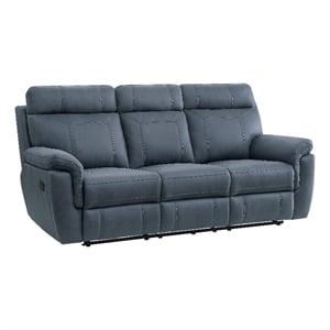 Pemberly Row 85 Inch Manual Reclining Sofa in Blue Microfiber Solid Wood