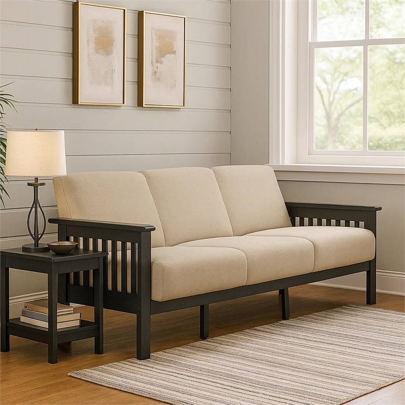 Pemberly Row 72 Inch Sofa in Soft Beige Polyester Dark Gray Rubberwood