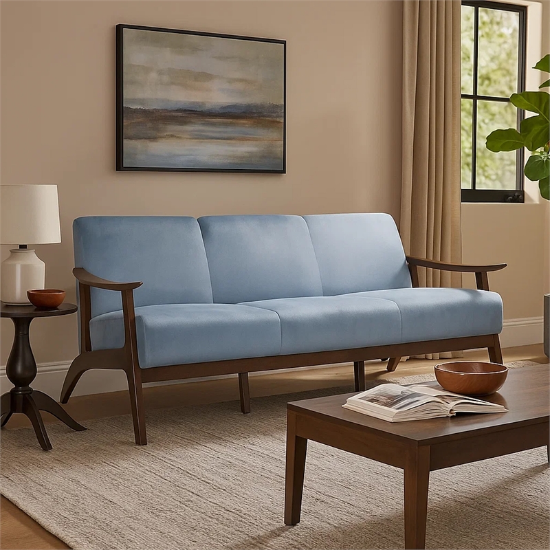 Pemberly Row 73 Inch Sofa in Soft Blue Gray Velvet Walnut Brown Rubberwood