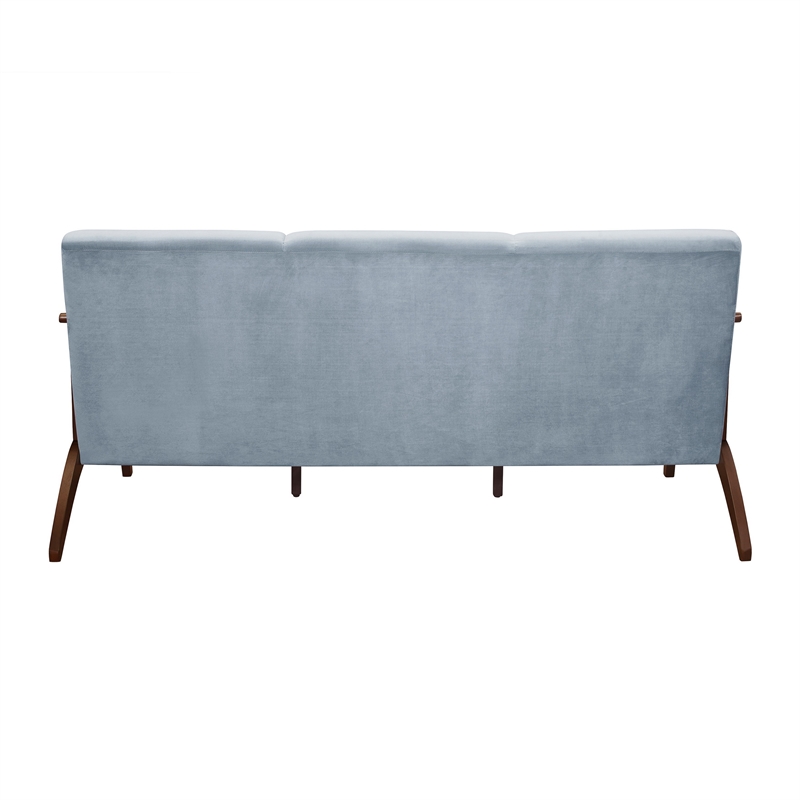 Pemberly Row 73 Inch Sofa in Soft Blue Gray Velvet Walnut Brown Rubberwood