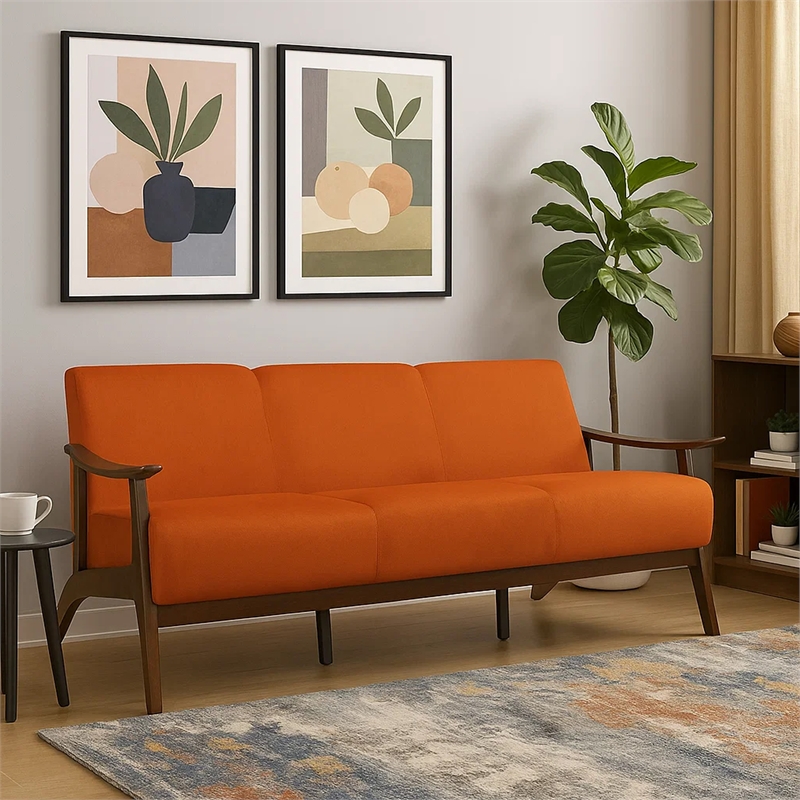 Pemberly Row 73 Inch Sofa in Soft Orange Velvet Walnut Brown Rubberwood
