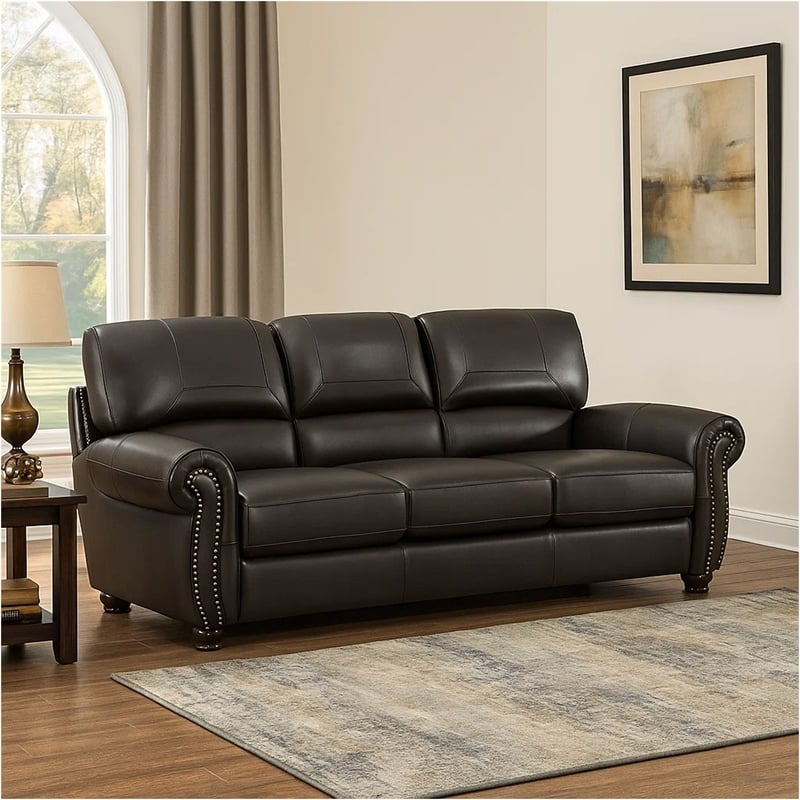 Pemberly Row 84 Inch Sofa in Dark Brown Top Grain and Faux Leather Wood