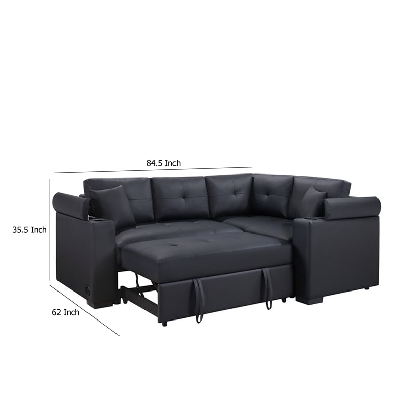 Pemberly Row Sectional Sleeper Sofa 2 Pillows USB Charger Black Faux Leather