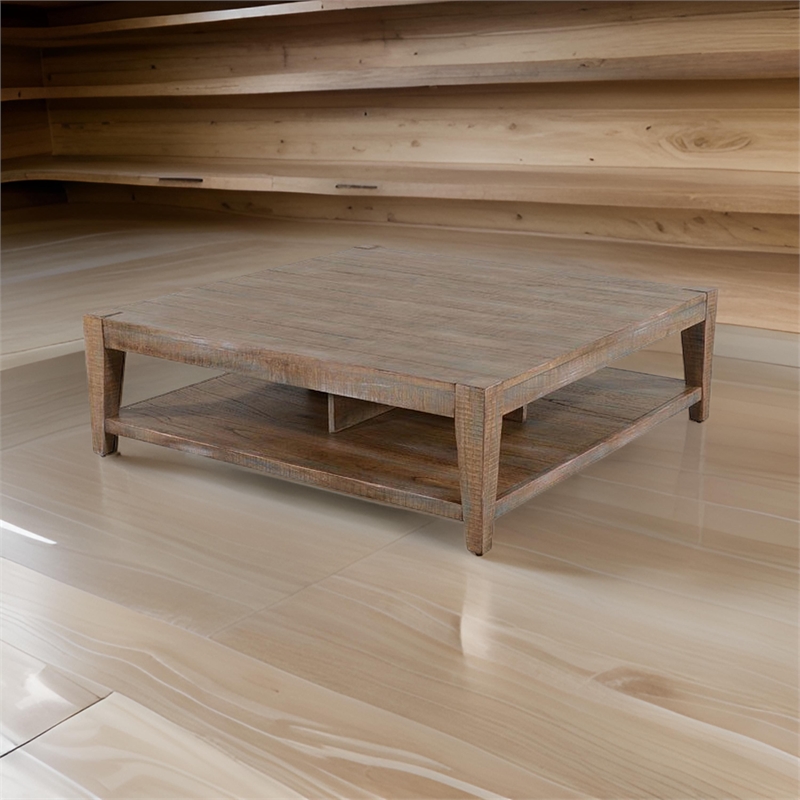 Pemberly Row 48 Inch Square Coffee Table 1 Shelf in Light Brown Mahogany