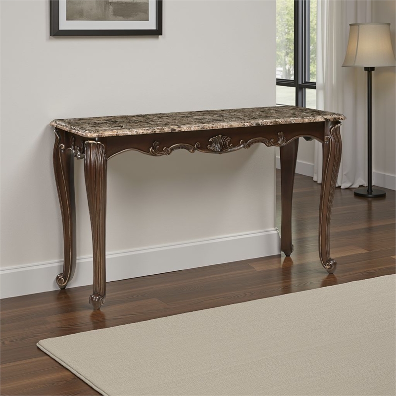 Pemberly Row 53 Inch Console Table Marble Top Cherry Brown Wood Cabriole