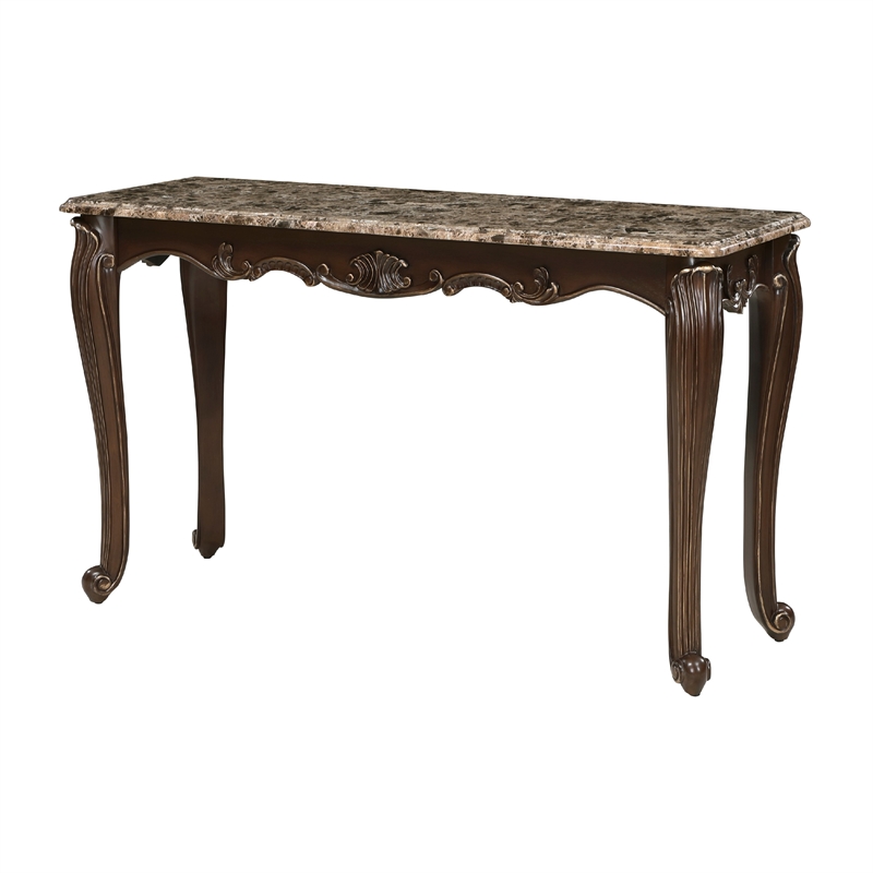 Pemberly Row 53 Inch Console Table Marble Top Cherry Brown Wood Cabriole