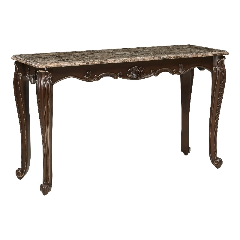 Pemberly Row 53 Inch Console Table Marble Top Cherry Brown Wood Cabriole