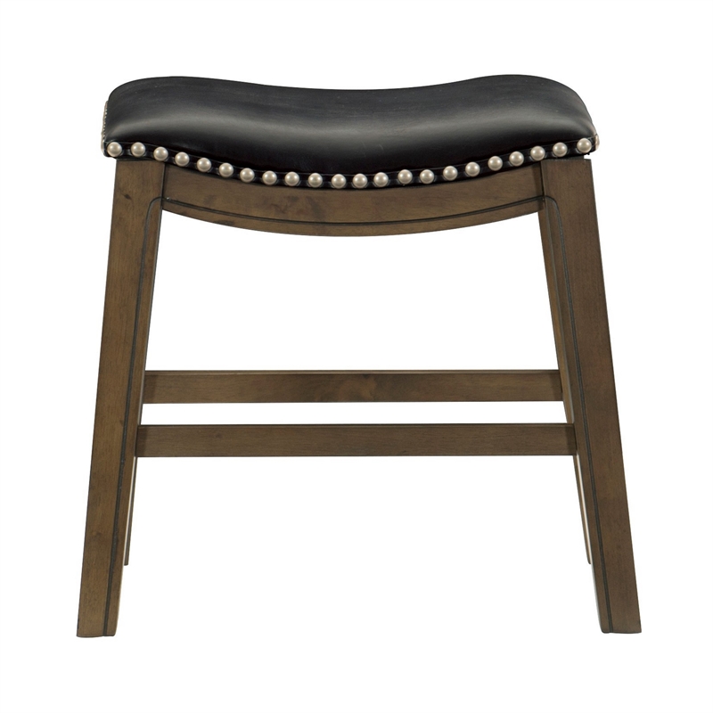 Pemberly Row 20 Inch Dining Stool in Black Faux Leather Brown Solid Wood