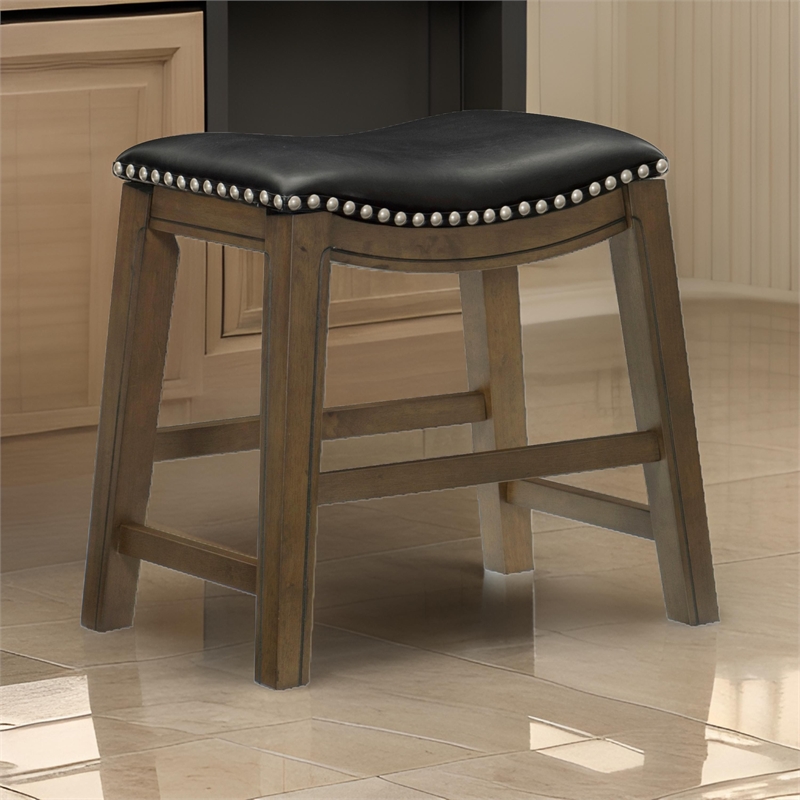 Pemberly Row 20 Inch Dining Stool in Black Faux Leather Brown Solid Wood