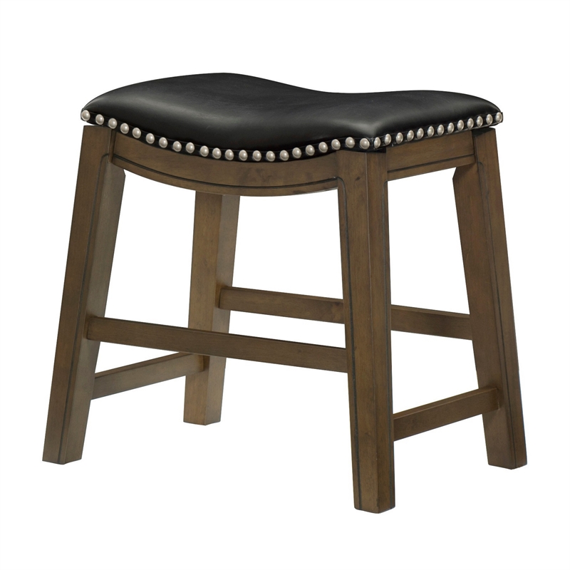 Pemberly Row 20 Inch Dining Stool in Black Faux Leather Brown Solid Wood