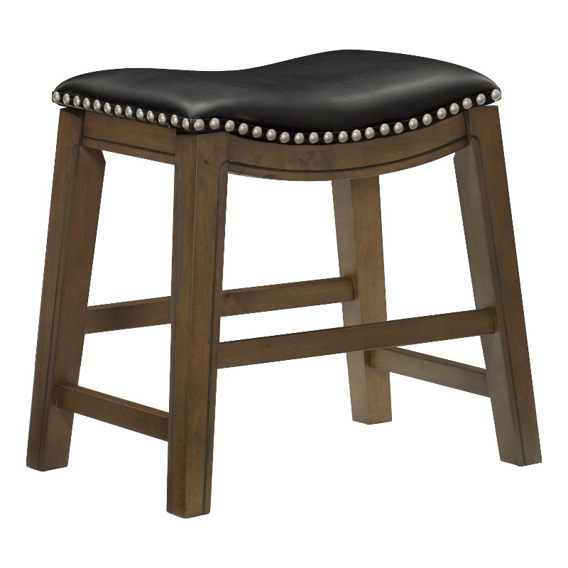 Pemberly Row 20 Inch Dining Stool in Black Faux Leather Brown Solid Wood