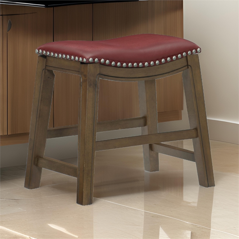 Pemberly Row 20 Inch Dining Stool in Red Faux Leather Brown Solid Wood