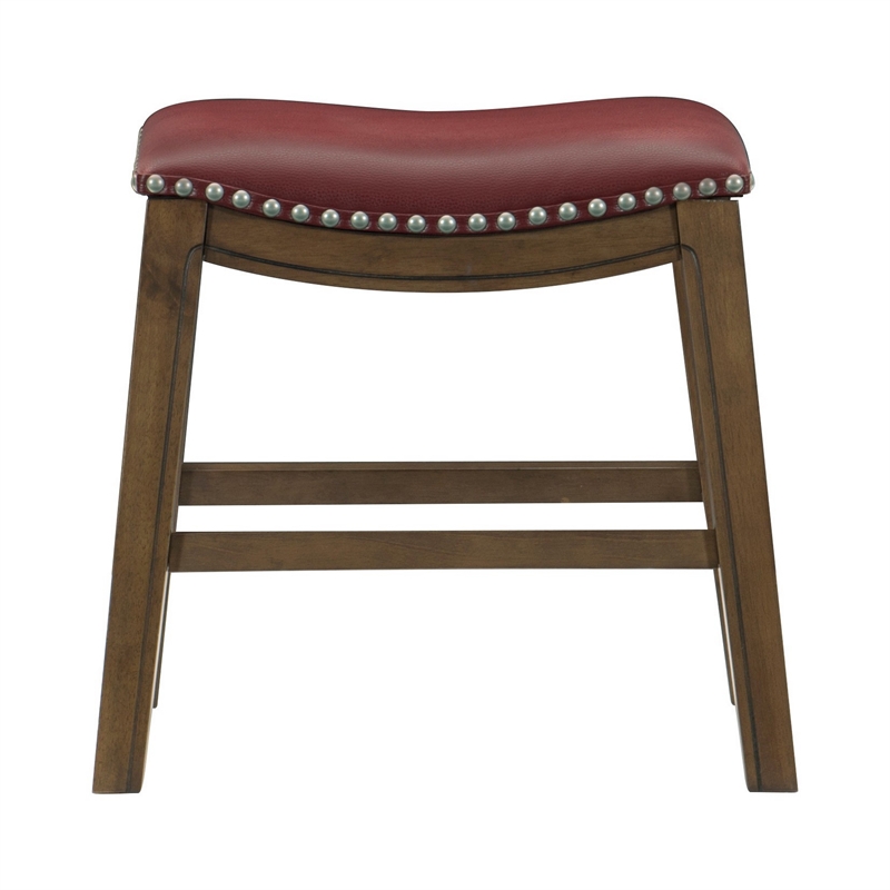 Pemberly Row 20 Inch Dining Stool in Red Faux Leather Brown Solid Wood
