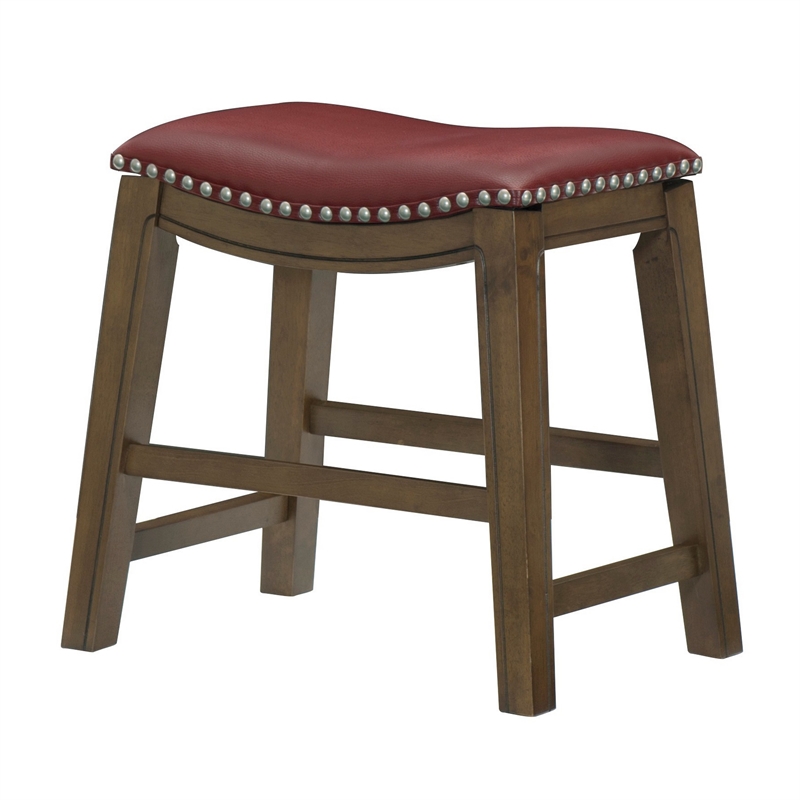 Pemberly Row 20 Inch Dining Stool in Red Faux Leather Brown Solid Wood
