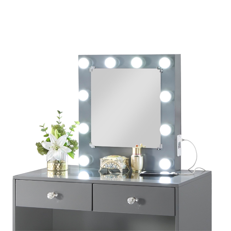 Pemberly Row Makeup Vanity and Stool Set 10 Lights USB Power Outlet in Gray