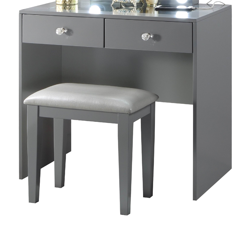 Pemberly Row Makeup Vanity and Stool Set 10 Lights USB Power Outlet in Gray