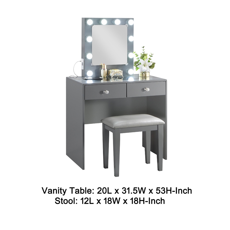 Pemberly Row Makeup Vanity and Stool Set 10 Lights USB Power Outlet in Gray