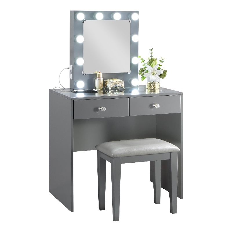 Pemberly Row Makeup Vanity and Stool Set 10 Lights USB Power Outlet in Gray