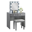 Pemberly Row Makeup Vanity and Stool Set 10 Lights USB Power Outlet in Gray