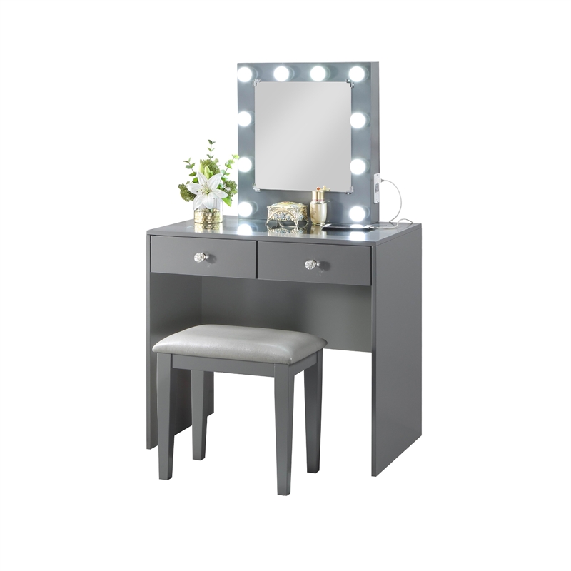 Pemberly Row Makeup Vanity and Stool Set 10 Lights USB Power Outlet in Gray