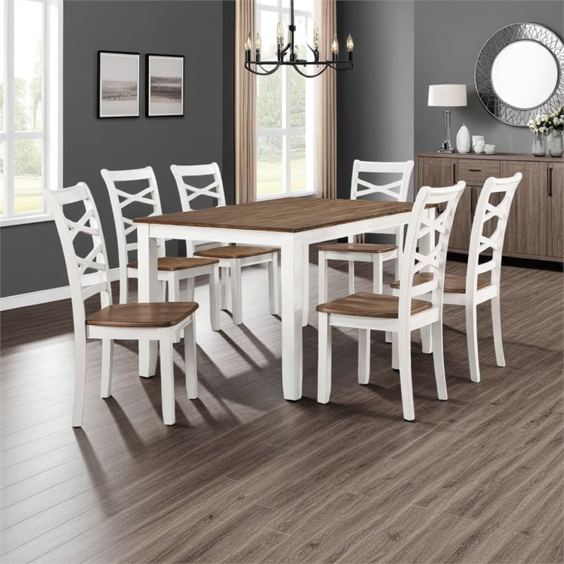 Pemberly Row 7 Piece Dinette Set Table and 6 Dining Chairs White Brown Wood