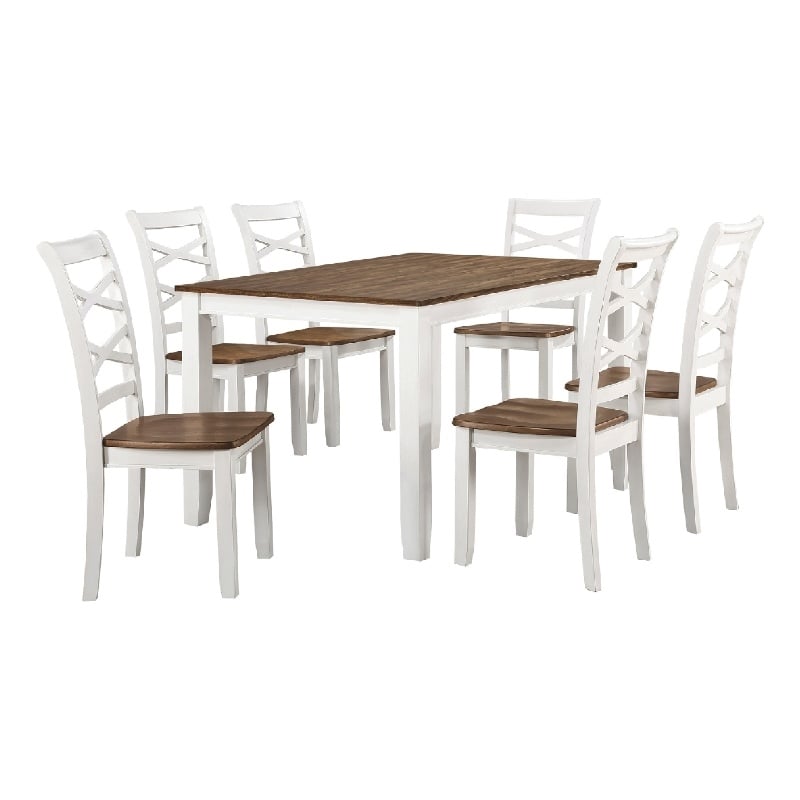 Pemberly Row 7 Piece Dinette Set Table and 6 Dining Chairs White Brown Wood