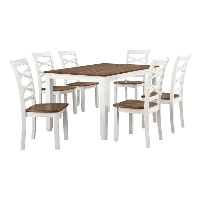 Pemberly Row 7 Piece Dinette Set Table and 6 Dining Chairs White Brown Wood