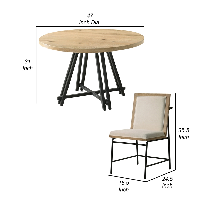 Pemberly Row Dining Table Set with 4 Chairs Solid Wood Round Top Black Metal