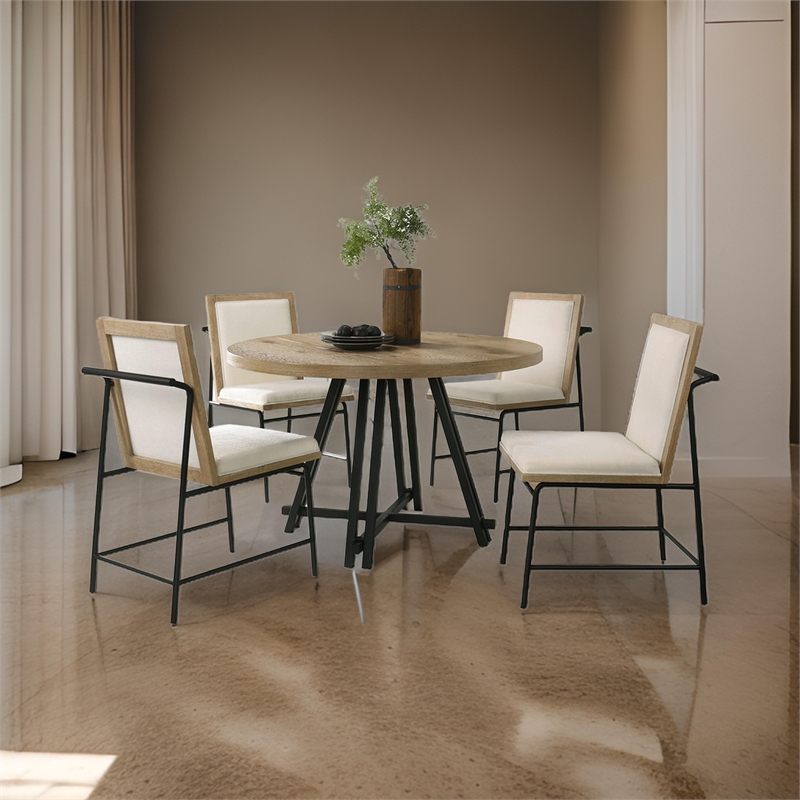 Pemberly Row Dining Table Set with 4 Chairs Solid Wood Round Top Black Metal