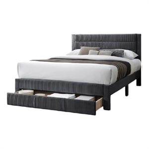 Pemberly Row Queen Size Bed with Storage Drawer Dark Gray Corduroy Upholstery