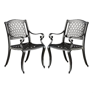 Pemberly Row Outdoor Dining Chair Set of 2 Mesh Style Back Black Cast Aluminum