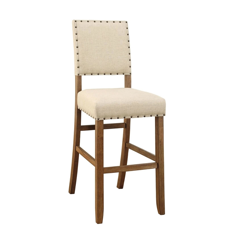 Pemberly Row 5 Piece Bar Height Table and Chair Set Ivory Linen Rustic Oak Wood